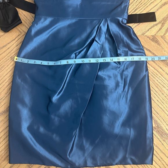 Blue Satin Cocktail Dress Bow Belt Gathered Bustier Strapless Bra Insert Size 8 - Picture 9 of 11